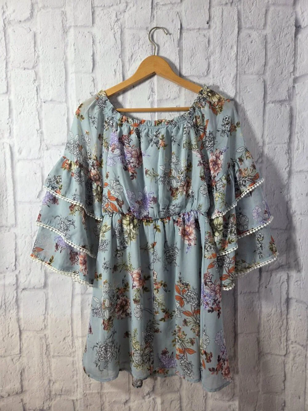 Bailey Blue Small Blue Floral Bell Sleeve Off the Shoulder Babydoll Mini Dress